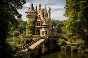 Obraz premium Fairytale castle atop a lush green hill, surrounded by a moat and drawbridge. Generative AI