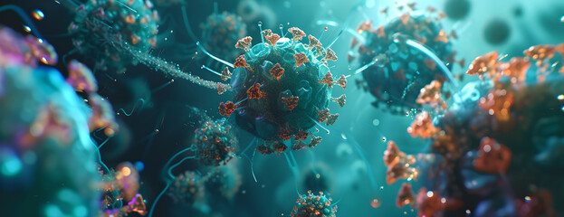 A microscopic image of a virus with cells in the body, medical field, scientific image, science fiction, microbes, treatment , 3d render , abstract background - Powered by Adobe