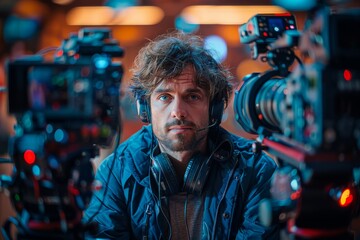 Fototapeta premium A focused male cameraman wearing a headset and surrounded by professional video equipment