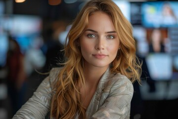 Obraz premium A young woman with striking eyes and golden hair is posed indoors, indicating a candid setting