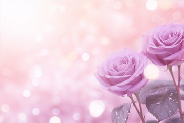 Two pink roses in soft focus with a blurred background in pastel colors