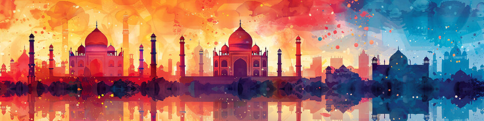Watercolor panorama view of India with Taj Mahal at sunset. Night ancient arab city in desert, east architecture in oasis. Happy Independence Day of India. Travel and tourism concept