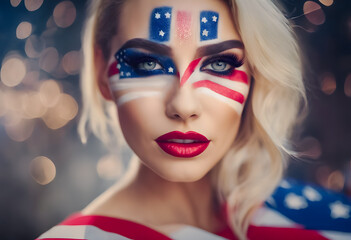 Patriotic woman with American flag makeup on her face, featuring stars and stripes, posing with a confident look against a bokeh light background.