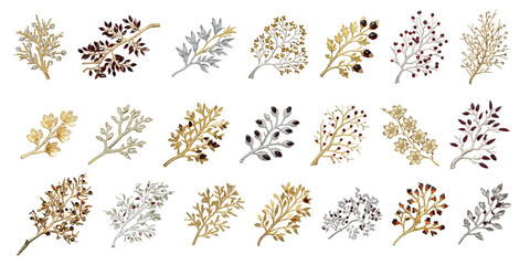 Elegant set of tree branches and flowers made of gold, silver with jeweller on a transparent background, oriental decor, luxury oriental clipart for decoration, stickers, cards, banners, presentations - obrazy, fototapety, plakaty