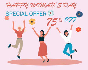 Happy jumping people. Holiday sale. Woman's Day celebration. Discount promotion. Shoppers laughing. Special offer. Bouncing girls group. Customers buy purchases. Vector shopping banner