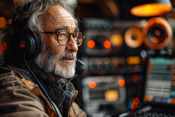 Obraz premium A music producer is focused on creating music using a variety of equipment in a studio environment with a cozy, creative ambiance