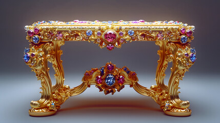 A gold and jeweled table with a black background.
