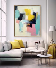 Bright colorful abstract painting in yellow blue and pink hues, placed in a modern interior with white sofa and black tripod lamp.