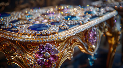 Obraz premium A gold and jeweled table with a black background.