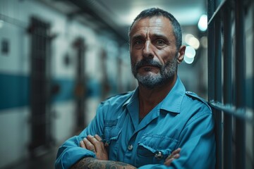 Fototapeta premium This image captures a man with a fierce piercing gaze wearing blue workwear, exuding confidence and authority