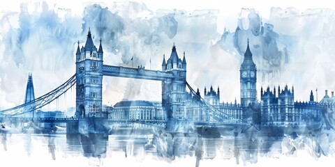 Artistic Vision of London: The Iconic Tower Bridge and Skyline Elegantly Captured in Watercolor Hues, Generative AI