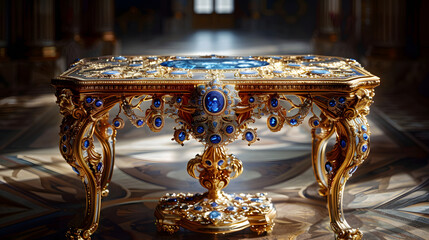 A gold and jeweled table with a black background.
