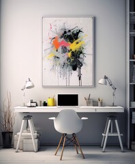 Abstract painting with bright colors in a modern home office with a white desk and a comfortable chair