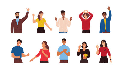 Happy persons. Man people thumb up, woman student smile and waving hands, positive character with ok on hand language. Joy expression, victory and fun. Vector cartoon group flat illustration