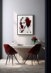 Black and white portrait of a blonde woman with red roses in her hair and red lips, with two red chairs and a vase of red roses in front of it.