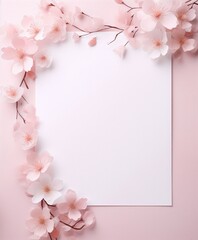 Pink paper flowers frame on pink background, 3D illustration, art, minimal, pastel colors, interior design, feminine