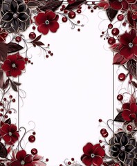 Black and red flowers with silver and golden leaves and gems frame on white background, digital art, art deco, interior, floral.