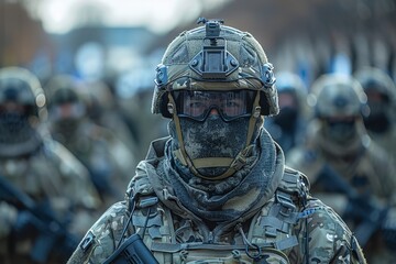 Detailed close-up of a soldier outfitted with high-tech gear, helmet, and communication devices against a backdrop of fellow soldiers - obrazy, fototapety, plakaty