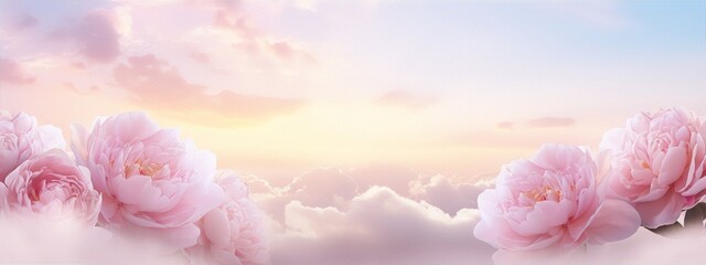 ethereal pink peony flowers in front of a dreamy sunset sky