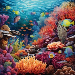 Fototapeta na wymiar Undersea world painting with vibrant corals and tropical fish in blue water, digital art, fantasy, colorful, detailed