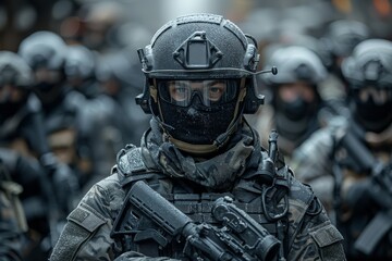 Intense focus shown by a fully equipped soldier in combat gear leading a military unit with a tactical rifle prepared - obrazy, fototapety, plakaty