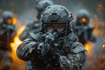 Fototapeta premium Dynamic image of a soldier amidst sparks and flames, face obscured, exuding danger and urgency in the line of duty