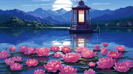 Foto op Canvas Tranquil lake with pink water lilies and distant mountains in the moonlight, digital art © AmayaBaki