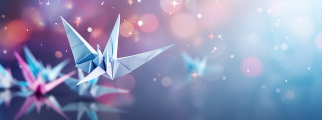Origami paper bird in flight with a blurred background of stars and sparkles in blue and purple hues. - obrazy, fototapety, plakaty