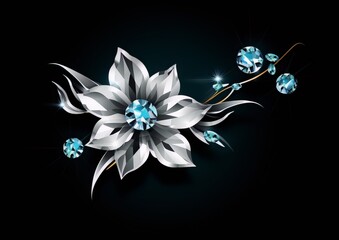 Silver flower with blue diamonds on a black background, digital art, vector, art deco.
