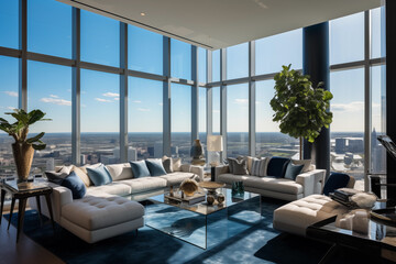 Luxury penthouse apartment overlooking a city skyline. Generative AI - obrazy, fototapety, plakaty