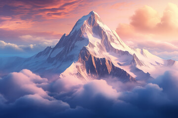 Majestic mountain peak rising above the clouds in the early morning light. Generative AI