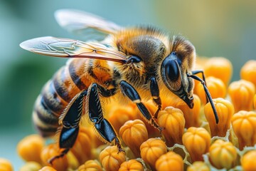 Fototapeta premium This image captures the exquisite detail of a honeybee with translucent wings perched atop vibrant orange flower clusters, showcasing the beauty of nature