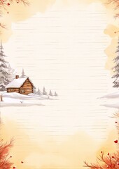 Snowy landscape with a wooden house,watercolor, illustration, art, painting, digital, cabin, winter