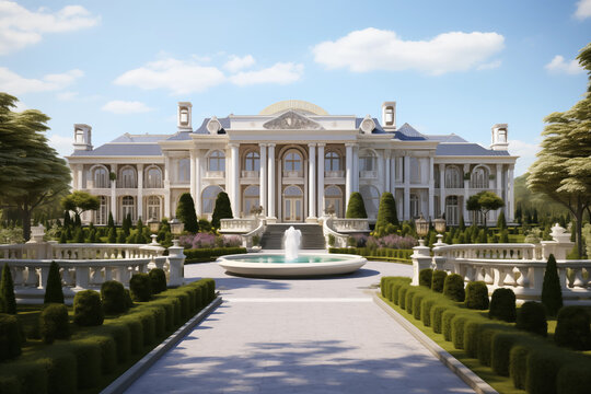 Luxury mansion nestled amidst manicured gardens and sprawling estates. Generative AI - Powered by Adobe