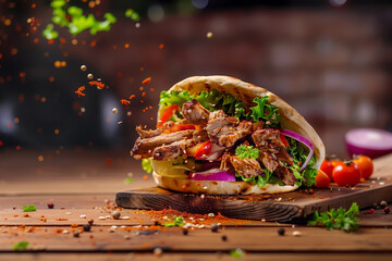 fresh grilled beef turkish or chicken arabic shawarma doner sandwich with flying ingredients and spices, hot, commercial picture