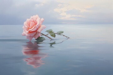 Pink rose floating on water with a cloudy sky in the background, painted in a realistic style with soft colors.