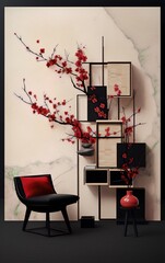 Black armchair and red vase in front of beige wall with cherry blossom branches and black and red wall shelves.