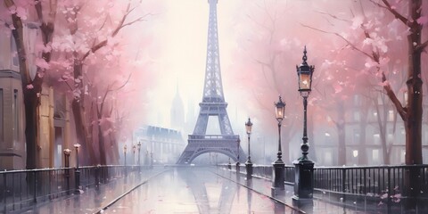Parisian street with Eiffel Tower in the distance, pink trees and street lamps, in an impressionist style - obrazy, fototapety, plakaty
