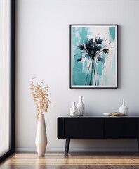 Black and blue abstract flower painting in a modern interior