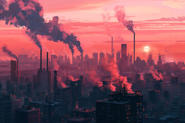 Urban Landscape at Sunset with Heavy Air Pollution - obrazy, fototapety, plakaty