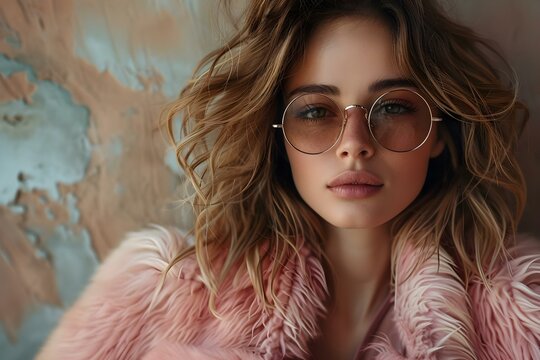 Radiant woman in fashionable pink fur coat and chic leather sunglasses exudes strength. Concept Fashion, Pink Fur Coat, Leather Sunglasses, Radiant Woman, Strength