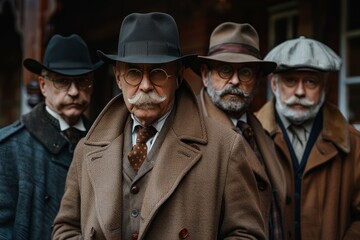 Group of four mature men wearing vintage attire and expressing solemn gravity, capturing a bygone...