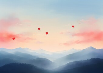heart-shaped balloons float over blue misty mountains at sunset in a surreal landscape painting