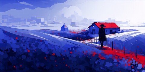 A lonely man in a red hat and black coat stands in a snowy field with a blue house in the distance.