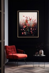 vibrant red flowers painting in black room with red armchair and black table, interior design, contemporary art