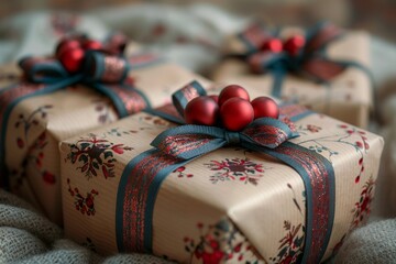 Fototapeta na wymiar These gifts wrapped in paper adorned with red berries and bow capture the essence of holiday giving and celebration