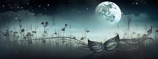 Night field with a full moon and a silver carnival mask lying on the grass - obrazy, fototapety, plakaty