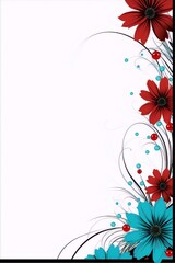 Red and blue flowers with black swirls on a white background, digital art, modern, minimalist, interior, floral.