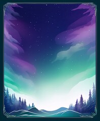 Northern lights over a winter forest landscape, with blue, green and purple colors, in a digital art style, with a painterly and surrealism movement.
