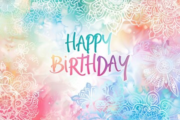 Happy Birthday delicate pattern of lace doilies in rainbow hues with intricate designs and patterns around it Generative AI - obrazy, fototapety, plakaty